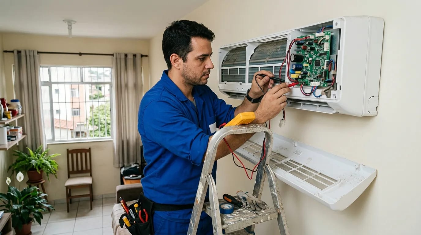 Eletricista ligando a placa do ar-condicionado split em Joinville‑SC